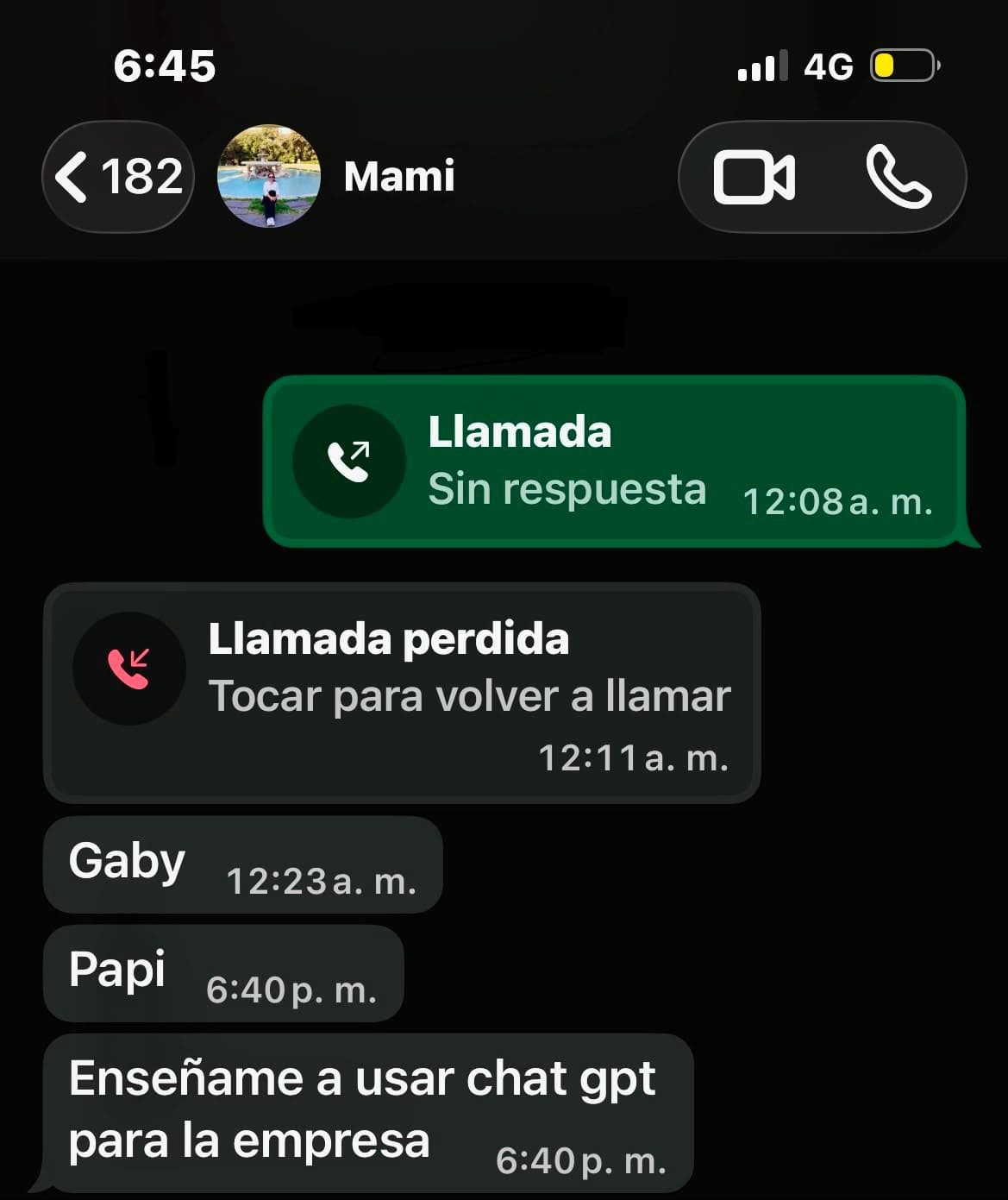 Chat de WhatsApp con su mamá, que le escribe: «Enséñame a usar chat gpt para la empresa»