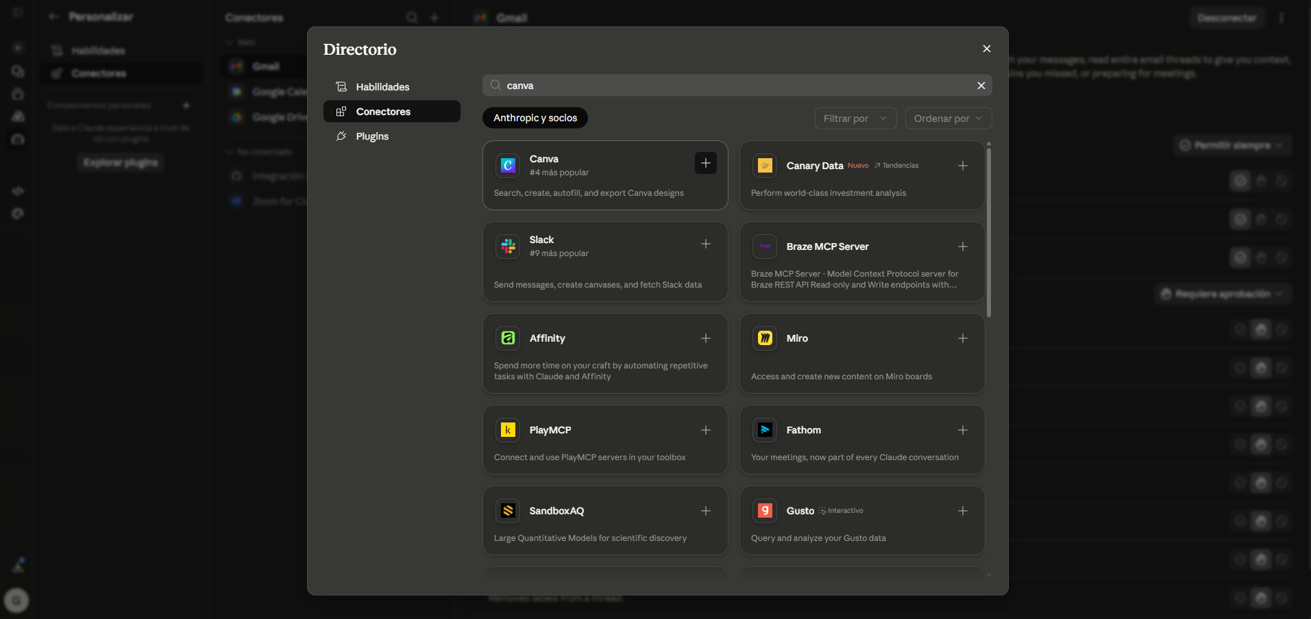 Directorio de conectores de Claude con búsqueda de Canva, mostrando los resultados disponibles
