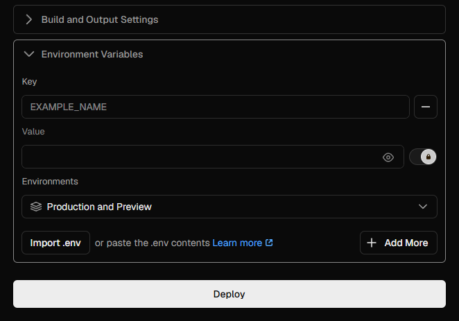 Sección Environment Variables de Vercel con los campos Key y Value para añadir la variable