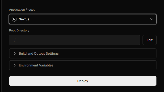 Pantalla de Vercel mostrando Application Preset con Next.js seleccionado, el Root Directory y el botón Deploy